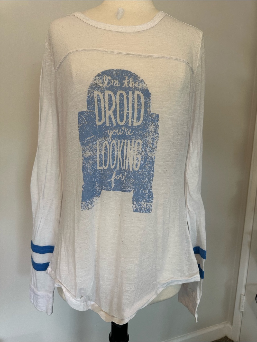 White Long Sleeve Graphic Tee with Blue Droid Print - Picture 1 of 4